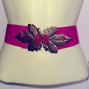 Vintage 70s/80s gold brass leaf &‎ pink pearls buckle  pink elastic cinch belt